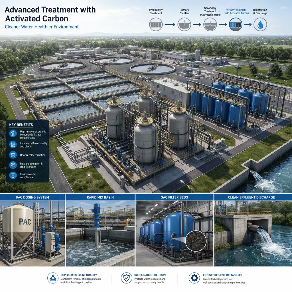 Municipal wastewater treatment plant with activated carbon tertiary treatment stage