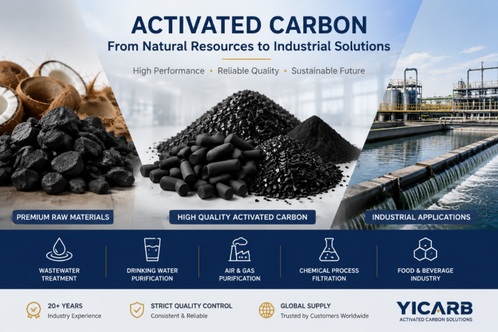 Activated carbon types and industrial applications infographic by YICARB