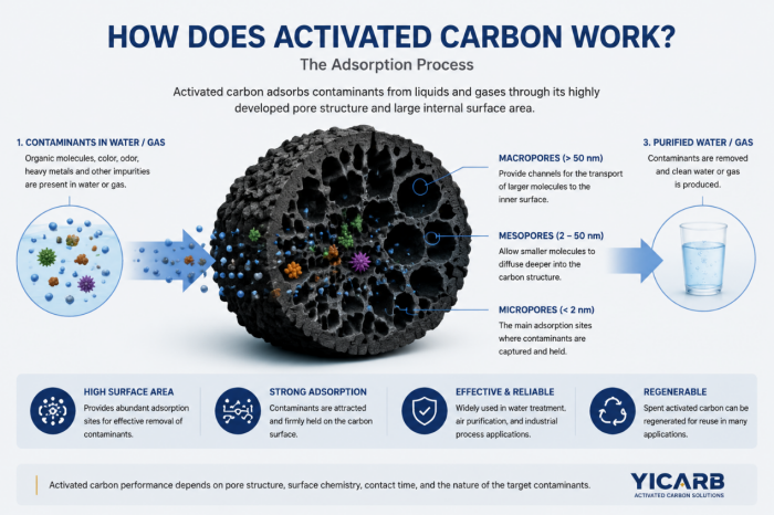 How activated carbon works: adsorption process and pore structure diagram How activated carbon works: adsorption process and pore structure diagram